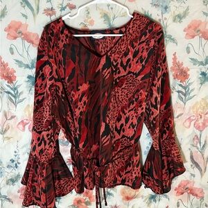 Vintage Animal Print Red and Black Ruffled Bell Sleeve Blouse